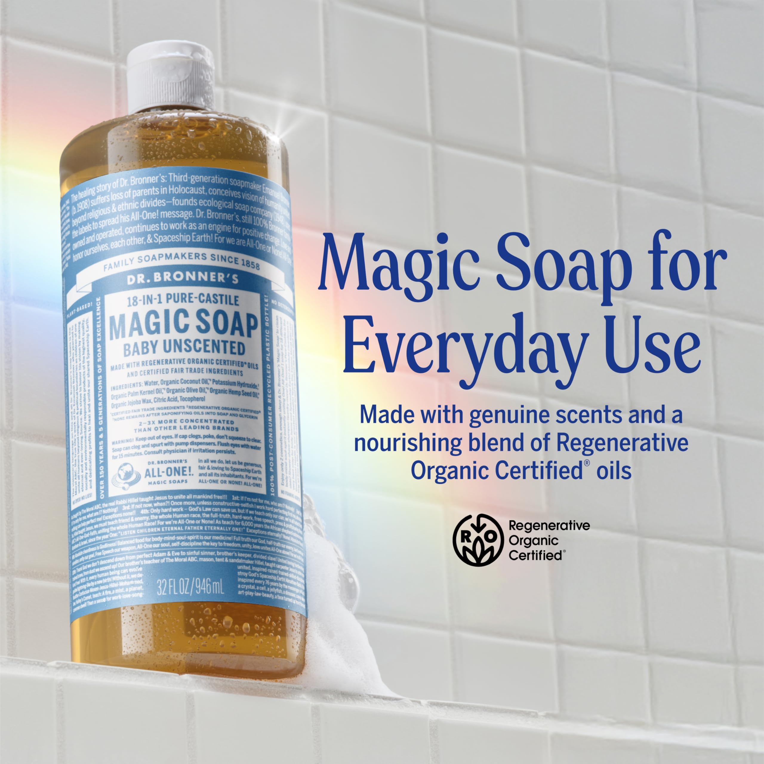 Dr. Bronner's Baby Unscented pour demonstrates versatile, concentrated formula for body, dishes, and more.