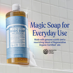 Dr. Bronner's Baby Unscented pour demonstrates versatile, concentrated formula for body, dishes, and more.