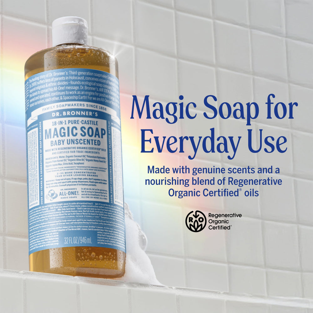 Dr. Bronner's Baby Unscented Pure-Castile bottle ideal for sensitive skin and babies.