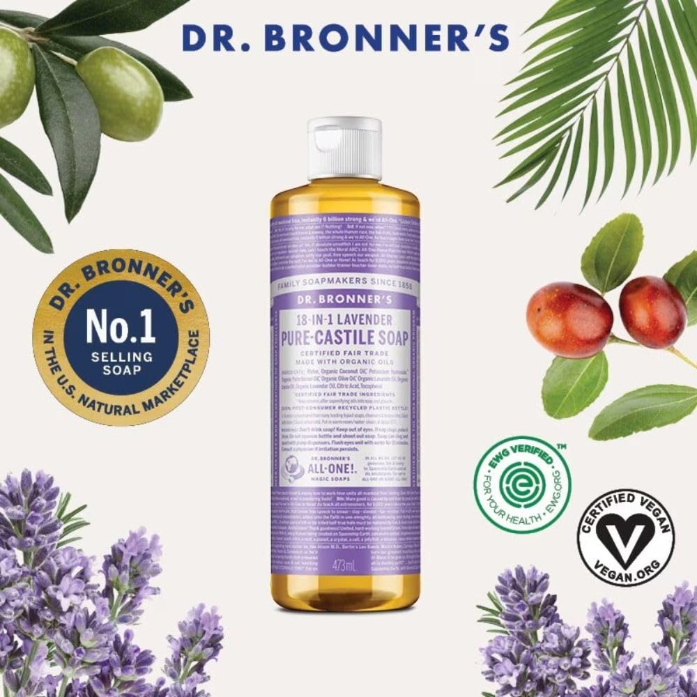 Dr Bronner's Lavender Pure-Castile soap lather close-up for skin and hair cleaning