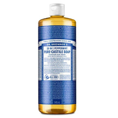 Dr. Bronner's Peppermint Pure-Castile bottle pour enables versatile cleaning and refreshing personal care.