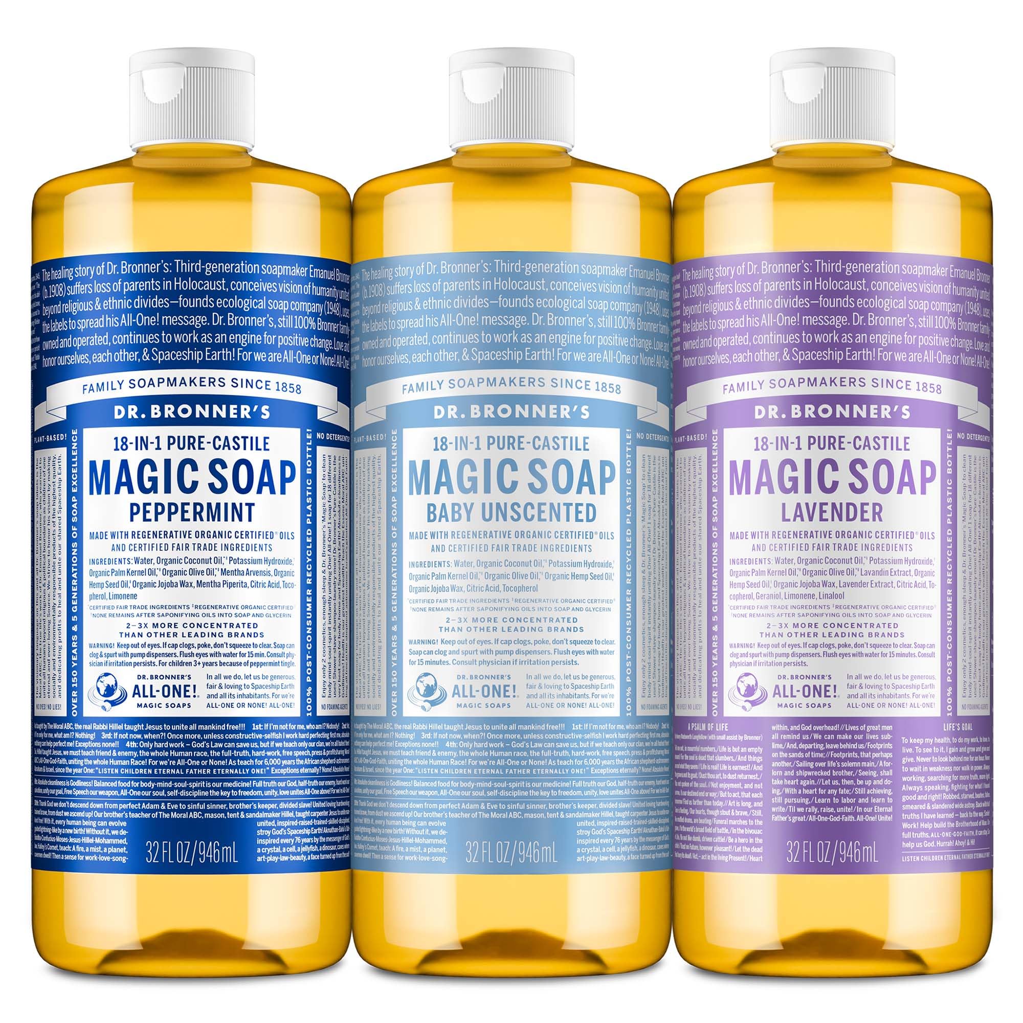 Dr. Bronner's Peppermint Pure-Castile bottle offers refreshing body wash and hair cleansing.