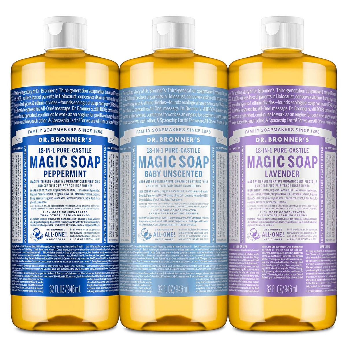 Dr. Bronner's Peppermint Pure-Castile bottle offers refreshing body wash and hair cleansing.