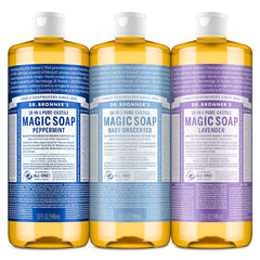 Dr. Bronner's Peppermint Pure-Castile bottle offers refreshing body wash and hair cleansing.