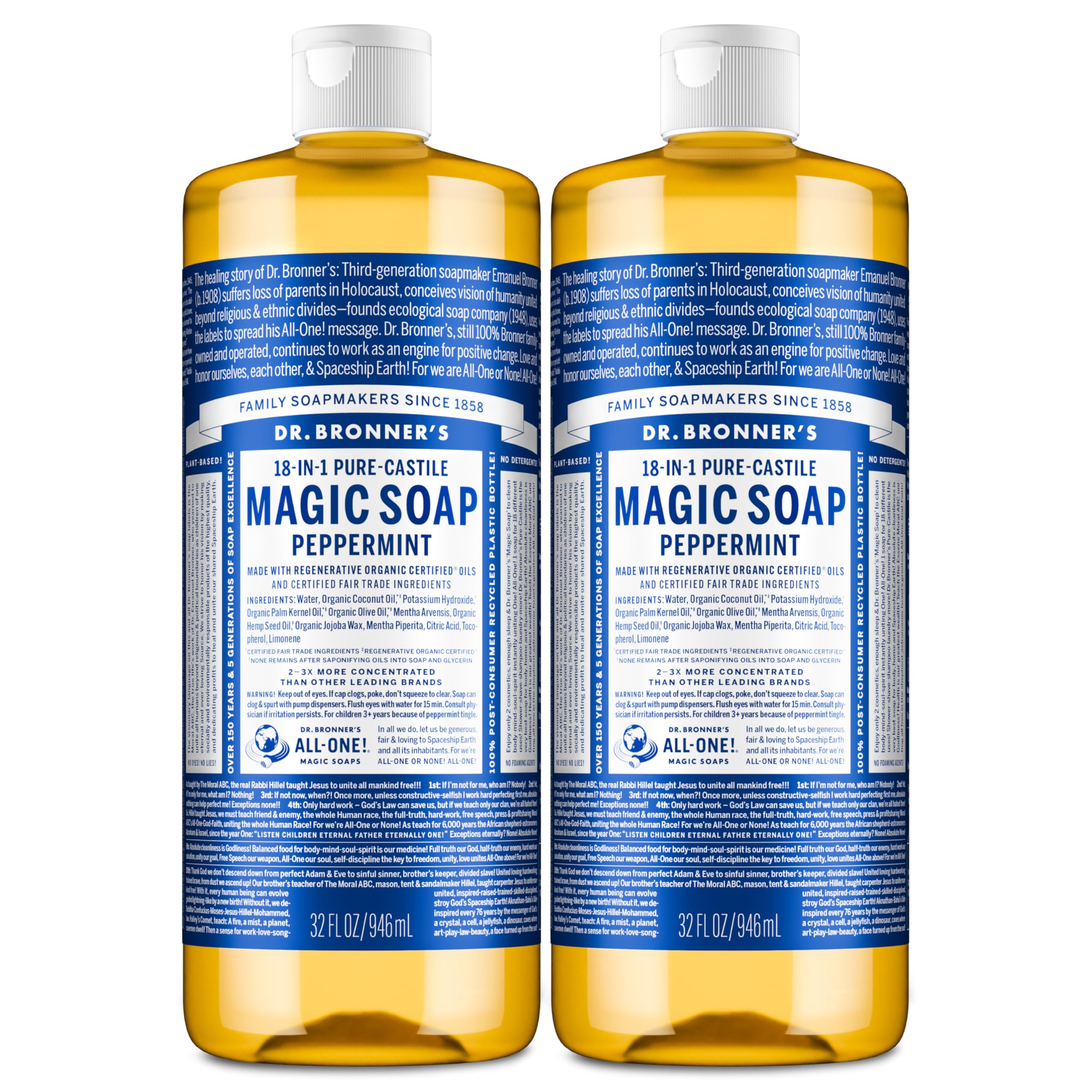 Dr. Bronner's Pure-Castile soap pump bottle ready for daily body and home cleaning