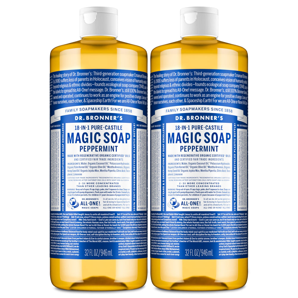 Dr. Bronner's Pure-Castile soap pump bottle ready for daily body and home cleaning