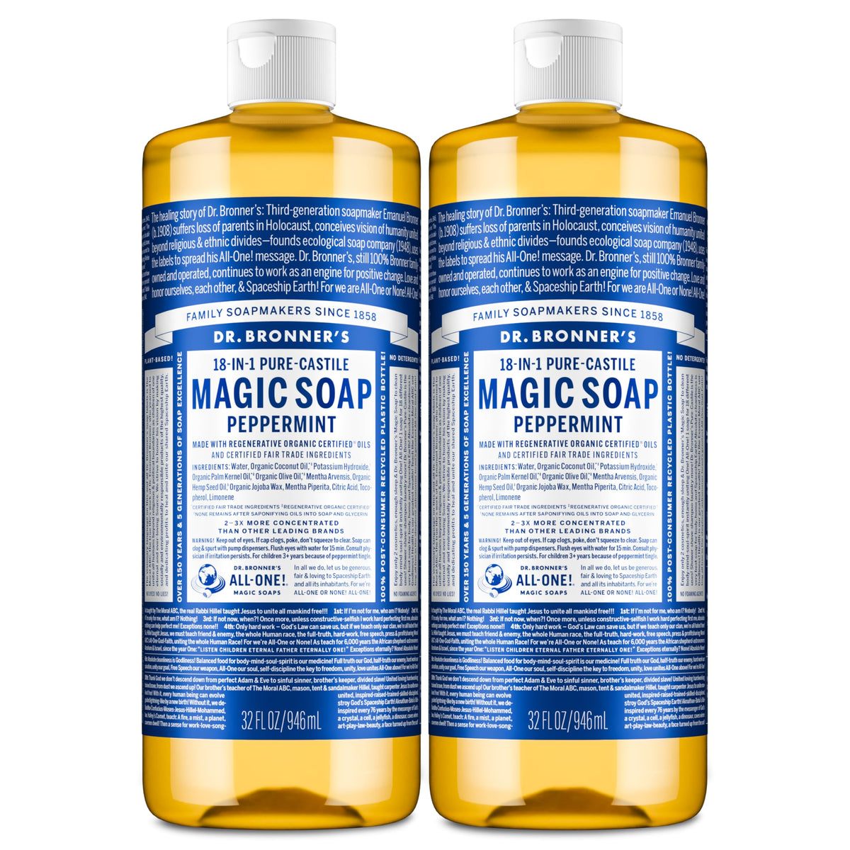 Dr. Bronner's Pure-Castile soap pump bottle ready for daily body and home cleaning
