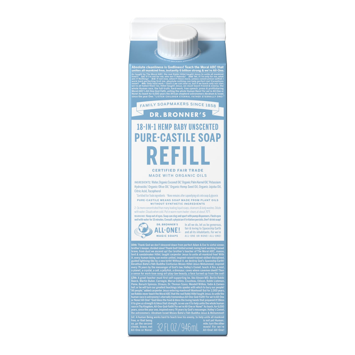 Dr. Bronner's Pure-Castile soap refill bottle; versatile for face, body, and cleaning.