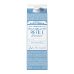 Dr. Bronner's Pure-Castile soap refill bottle; versatile for face, body, and cleaning.