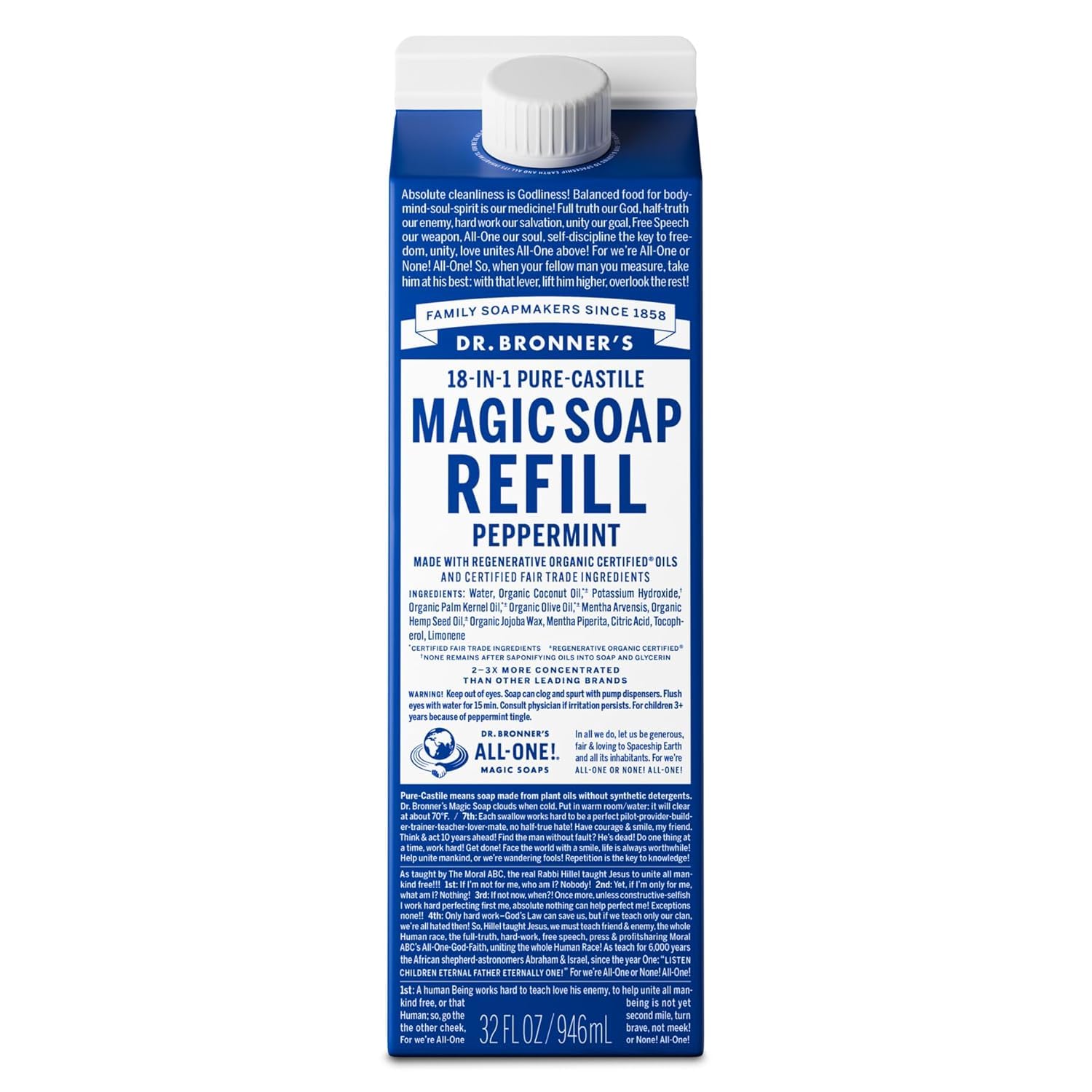 Dr. Bronner's Pure-Castile Peppermint refill bottle with vibrant label for versatile household use.