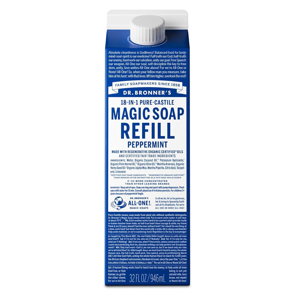 Dr. Bronner's Pure-Castile Peppermint refill bottle with vibrant label for versatile household use.