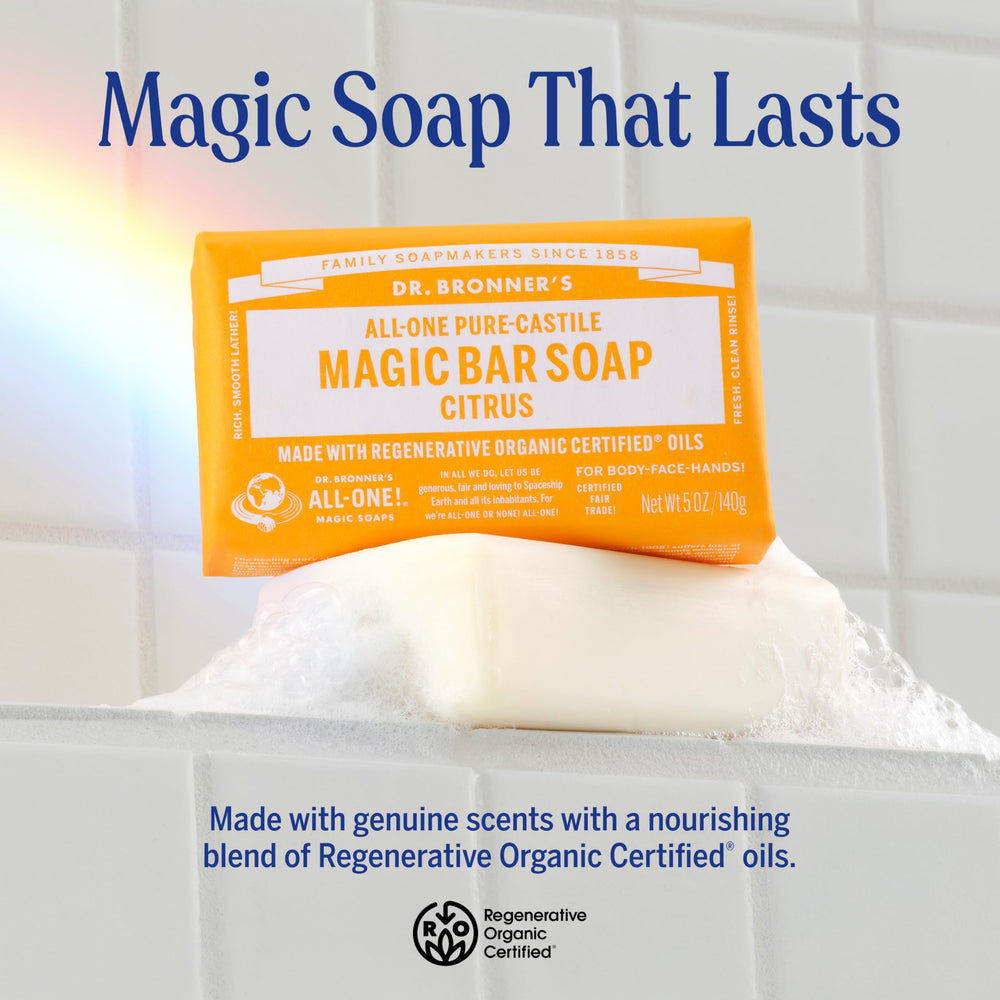 Dr. Bronner's Pure-Castile Magic Bar Citrus bar 5oz emphasizes compact, travel-friendly size.