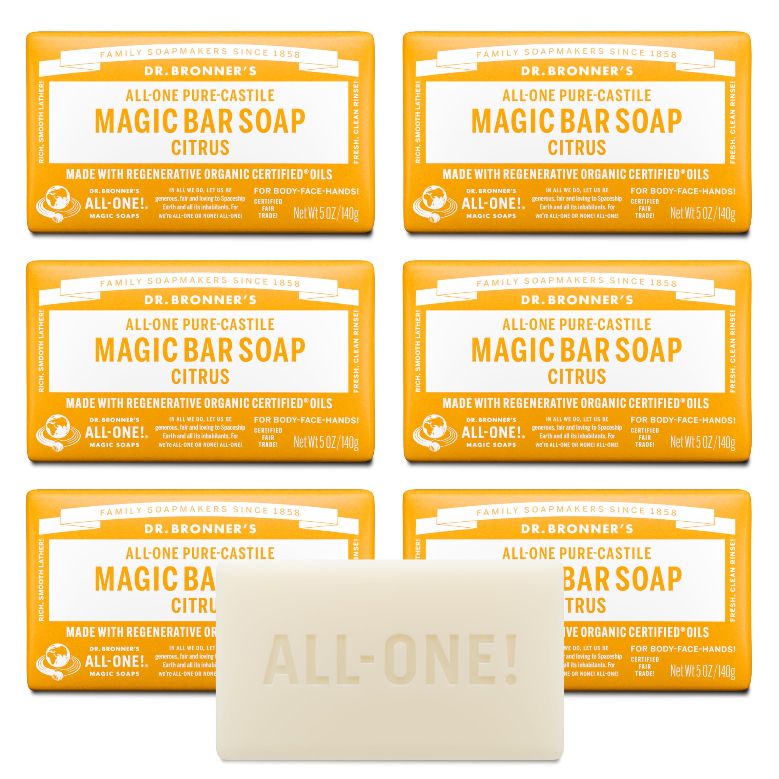 Dr. Bronner's Pure-Castile Magic Bar Citrus packaging highlights eco-friendly wrap for sustainable routines.