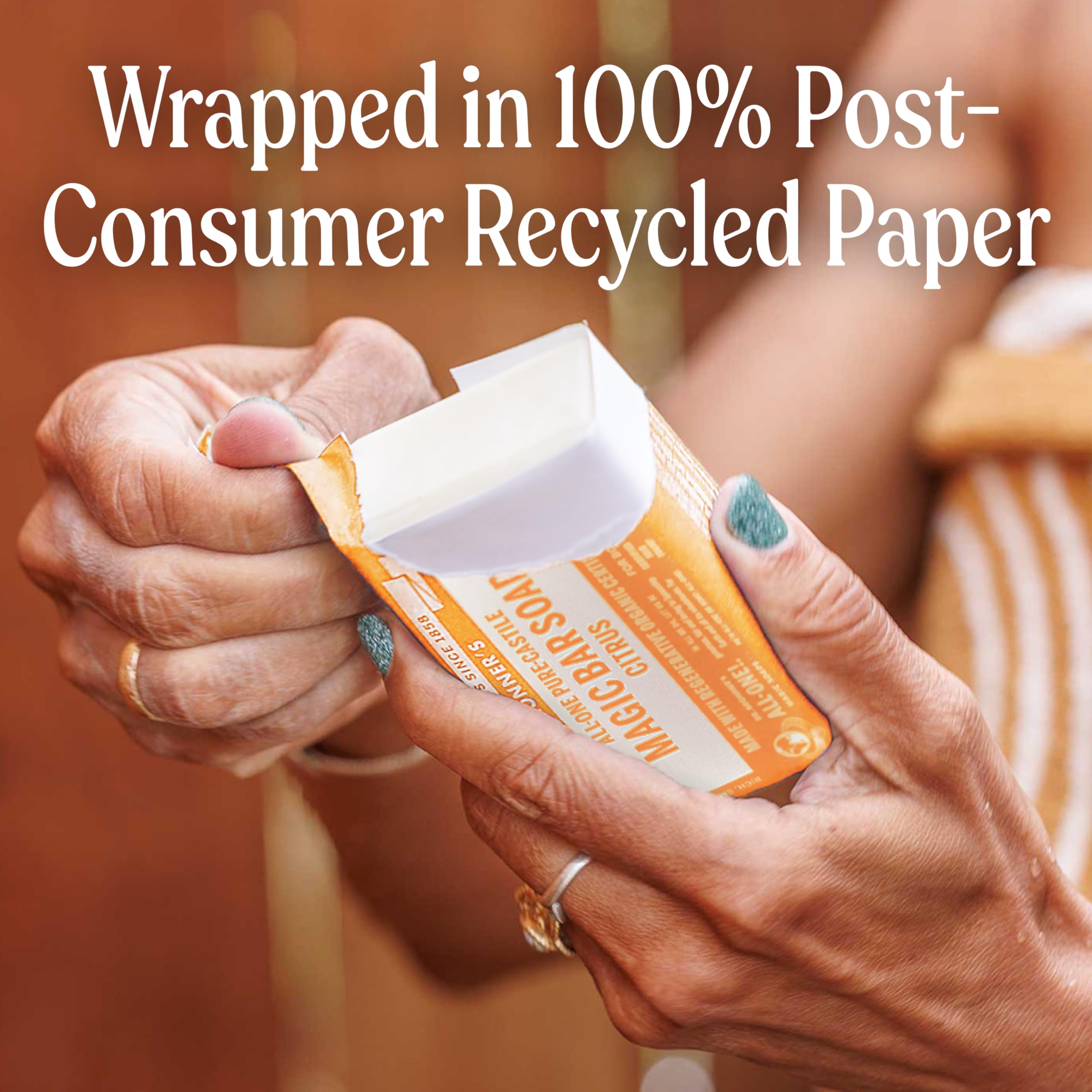 Dr. Bronner's packaging uses post-consumer recycled wrappers for sustainability.