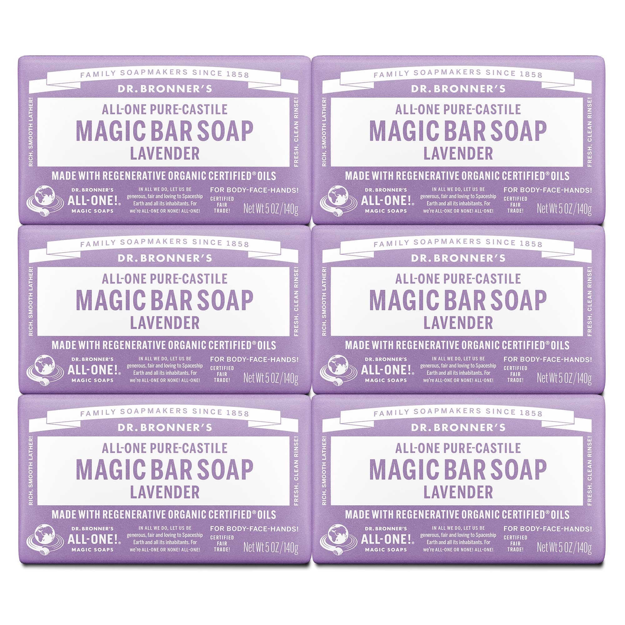 Dr. Bronner's Lavender Pure-Castile bar pack delivers gentle cleansing for face, body, and hair.