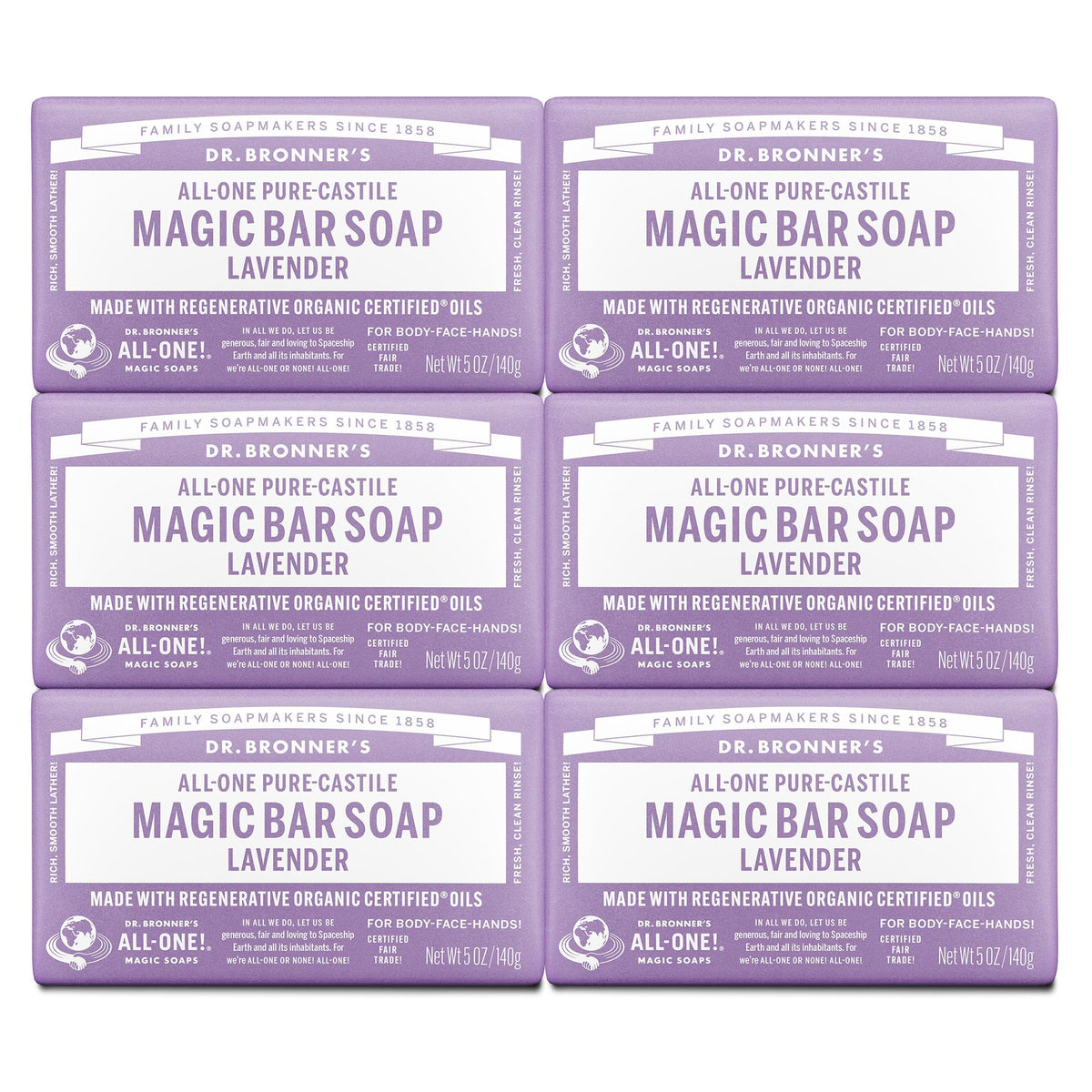 Dr. Bronner's Lavender Pure-Castile bar pack delivers gentle cleansing for face, body, and hair.