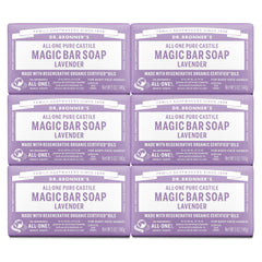 Dr. Bronner's Lavender Pure-Castile bar pack delivers gentle cleansing for face, body, and hair.