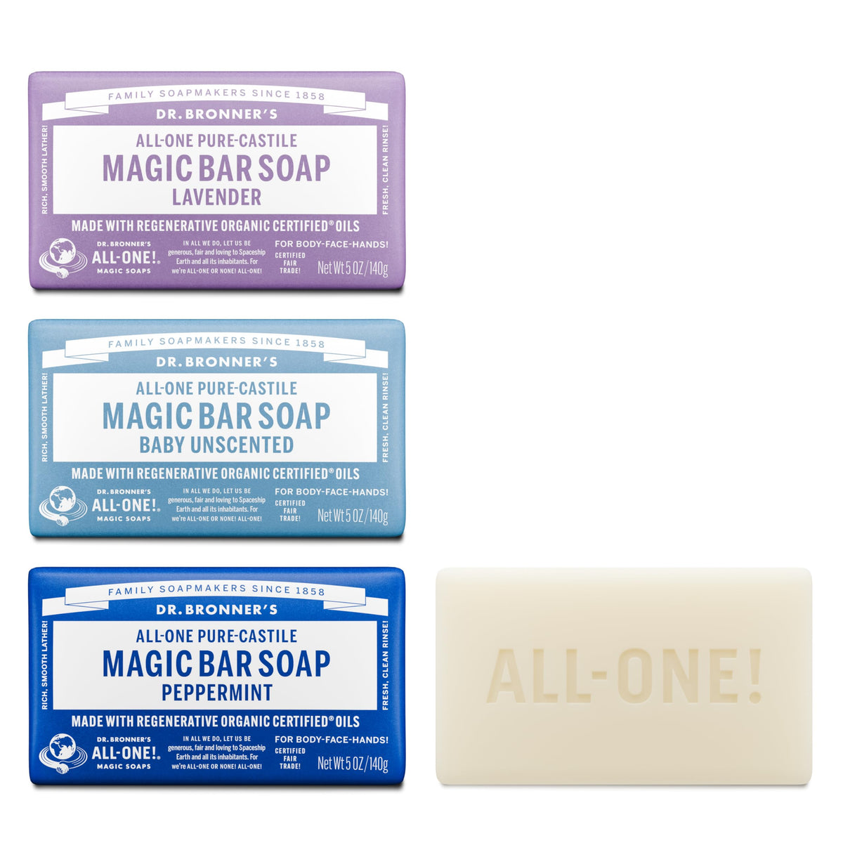Dr. Bronner's Pure-Castile Peppermint bar lathers richly for refreshing face and body cleansing