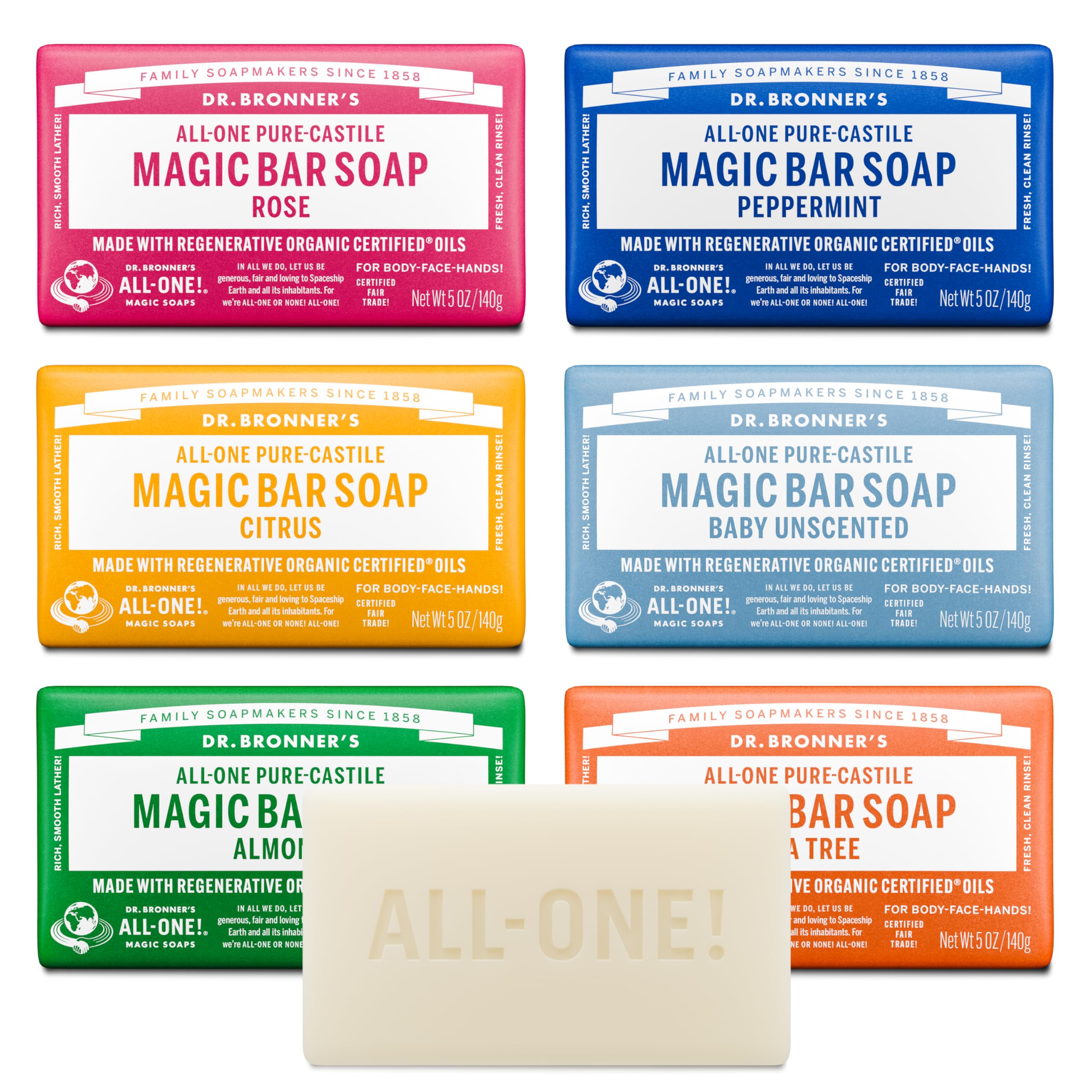 Dr. Bronner's Pure-Castile Magic Bar Almond for a rich, gentle cleanse on face and body.