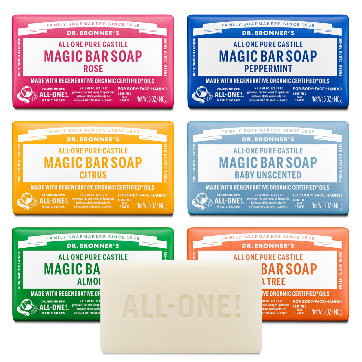 Dr. Bronner's Pure-Castile Magic Bar Almond for a rich, gentle cleanse on face and body.