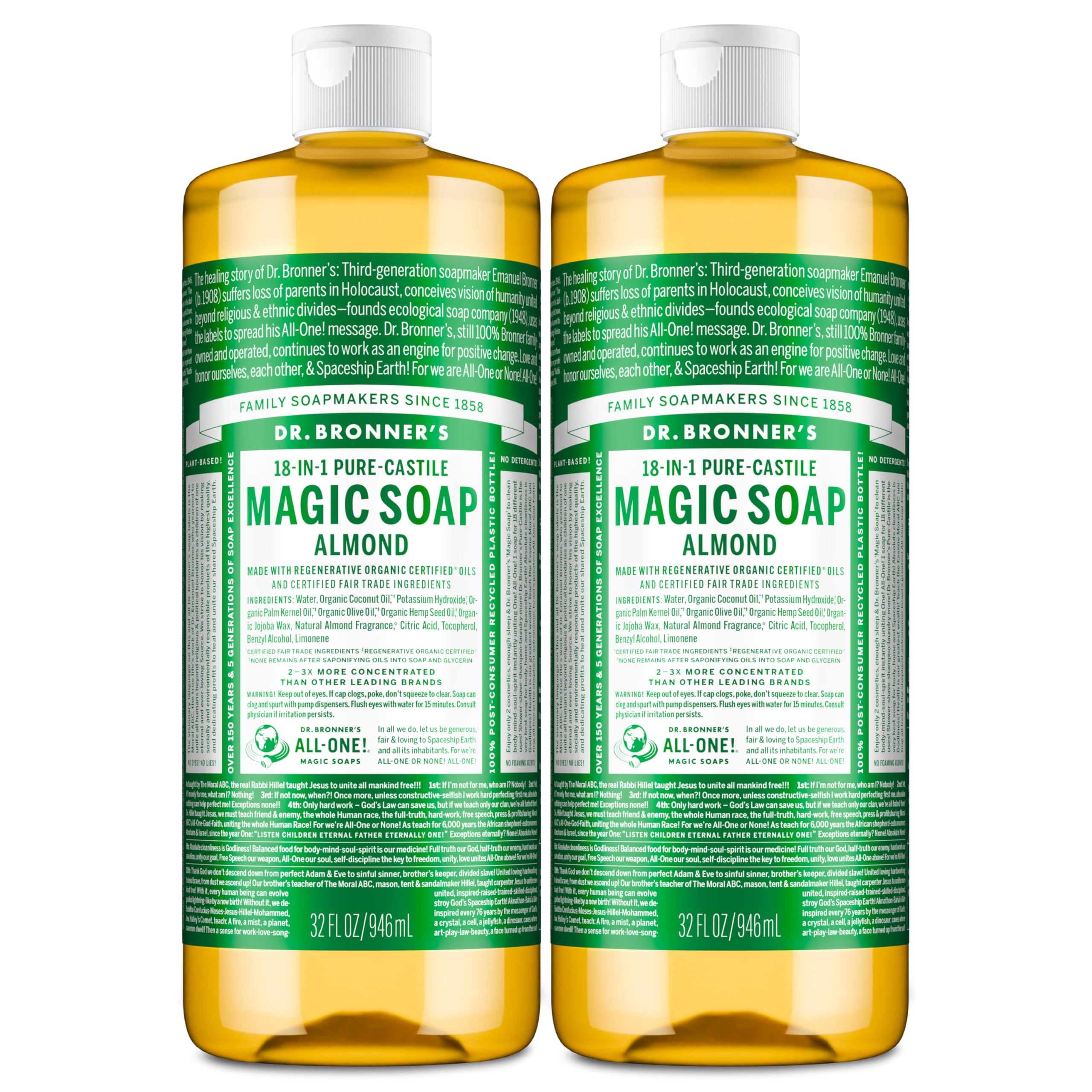 Dr. Bronner's Almond Pure-Castile bottle with rich lather for skin care.