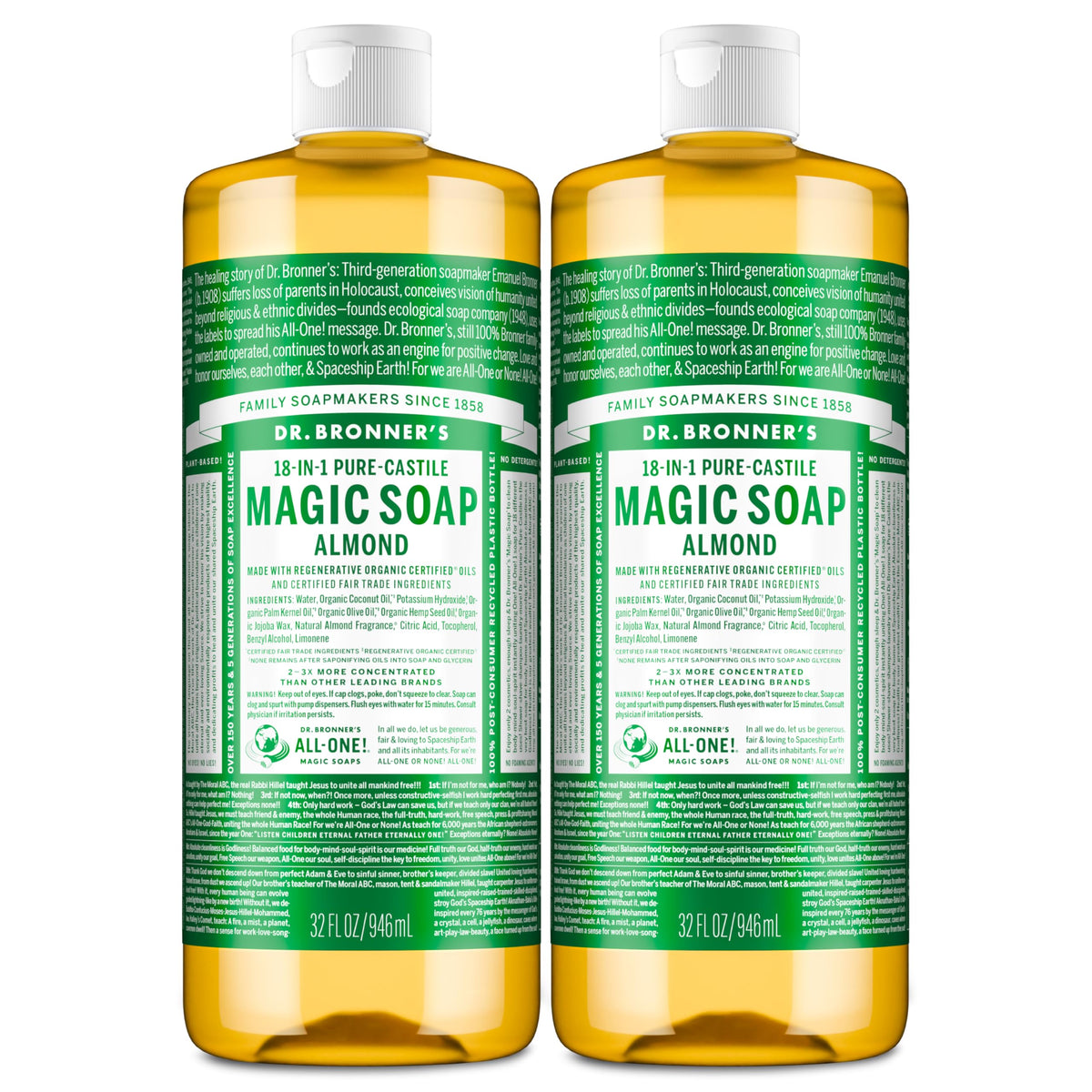 Dr. Bronner's Almond Pure-Castile bottle with rich lather for skin care.