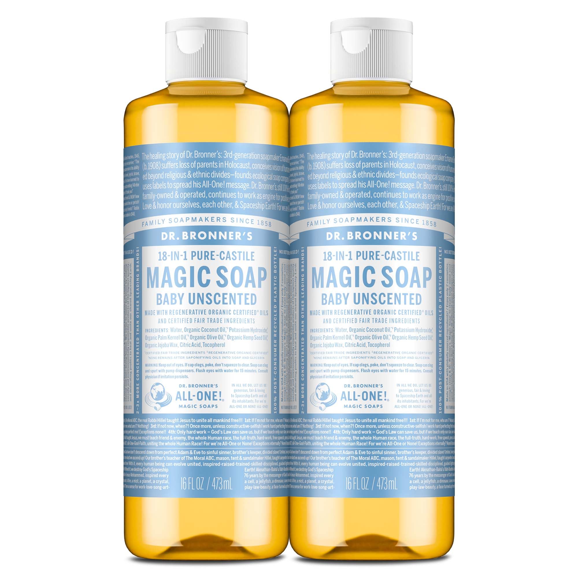 Dr. Bronner's Pure-Castile Baby Unscented soap bottle pouring for versatile everyday cleaning.