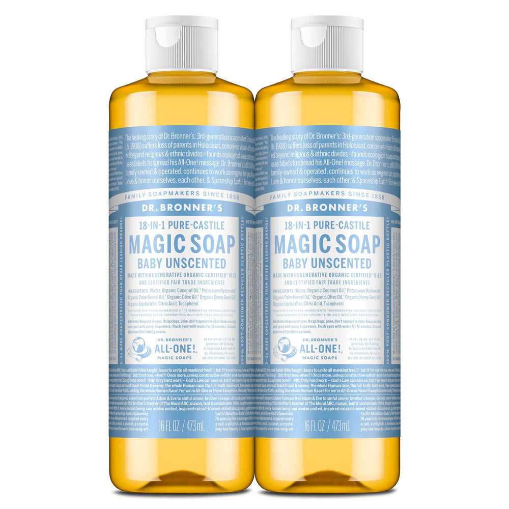 Dr. Bronner's Pure-Castile Baby Unscented soap bottle pouring for versatile everyday cleaning.