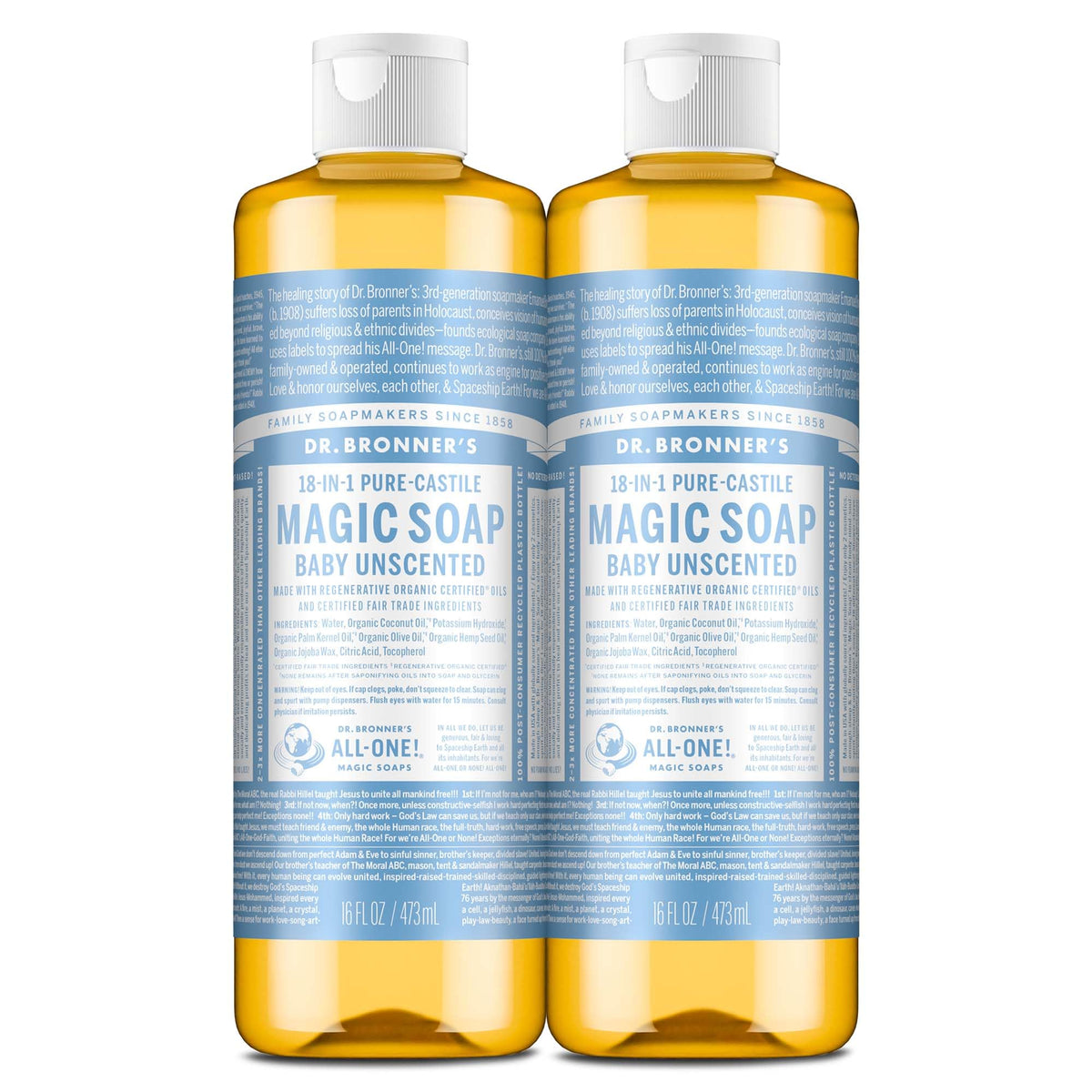 Dr. Bronner's Pure-Castile Baby Unscented soap bottle pouring for versatile everyday cleaning.