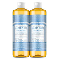 Dr. Bronner's Pure-Castile Baby Unscented soap bottle pouring for versatile everyday cleaning.