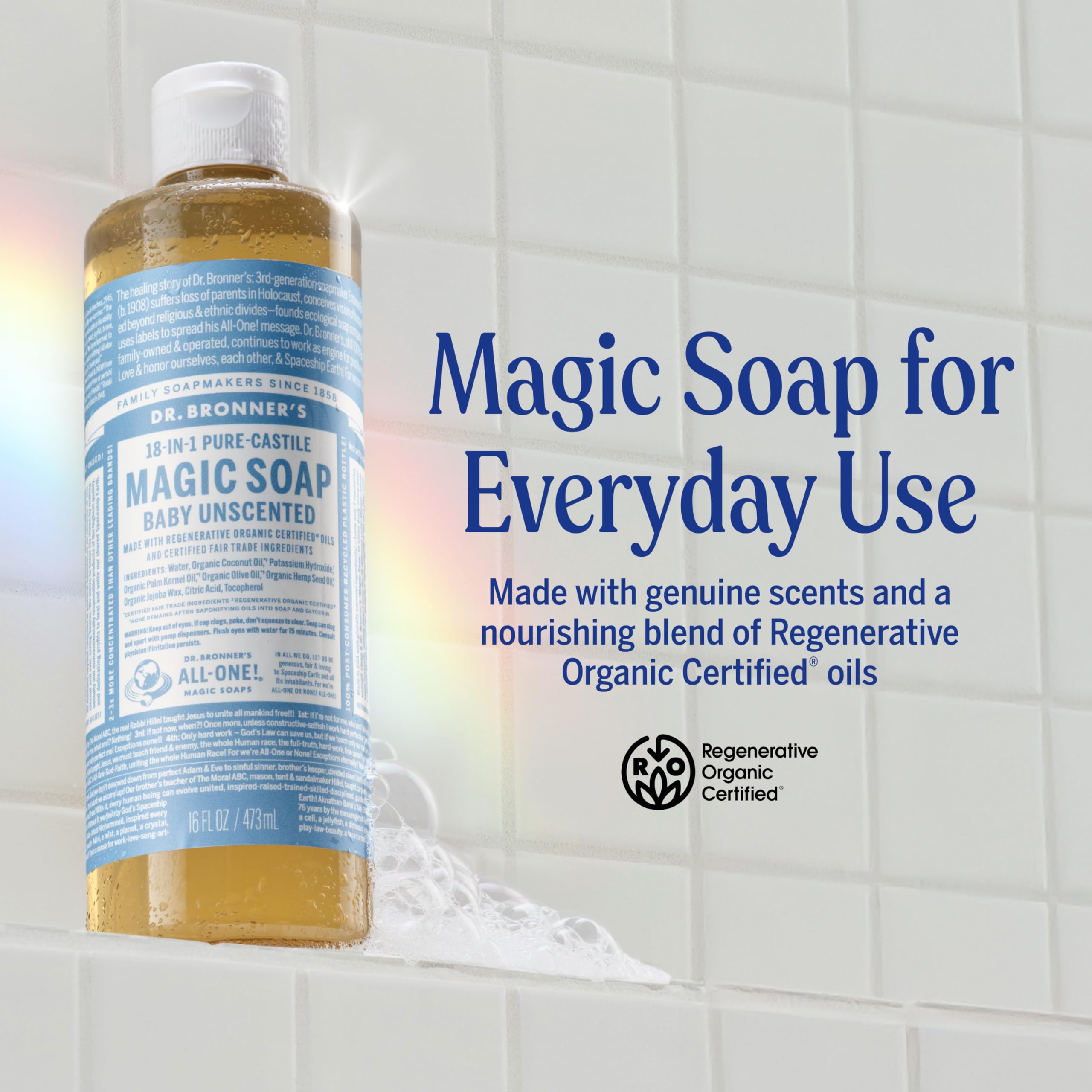 Dr. Bronner's Pure-Castile soap showing rich lather for gentle cleansing.