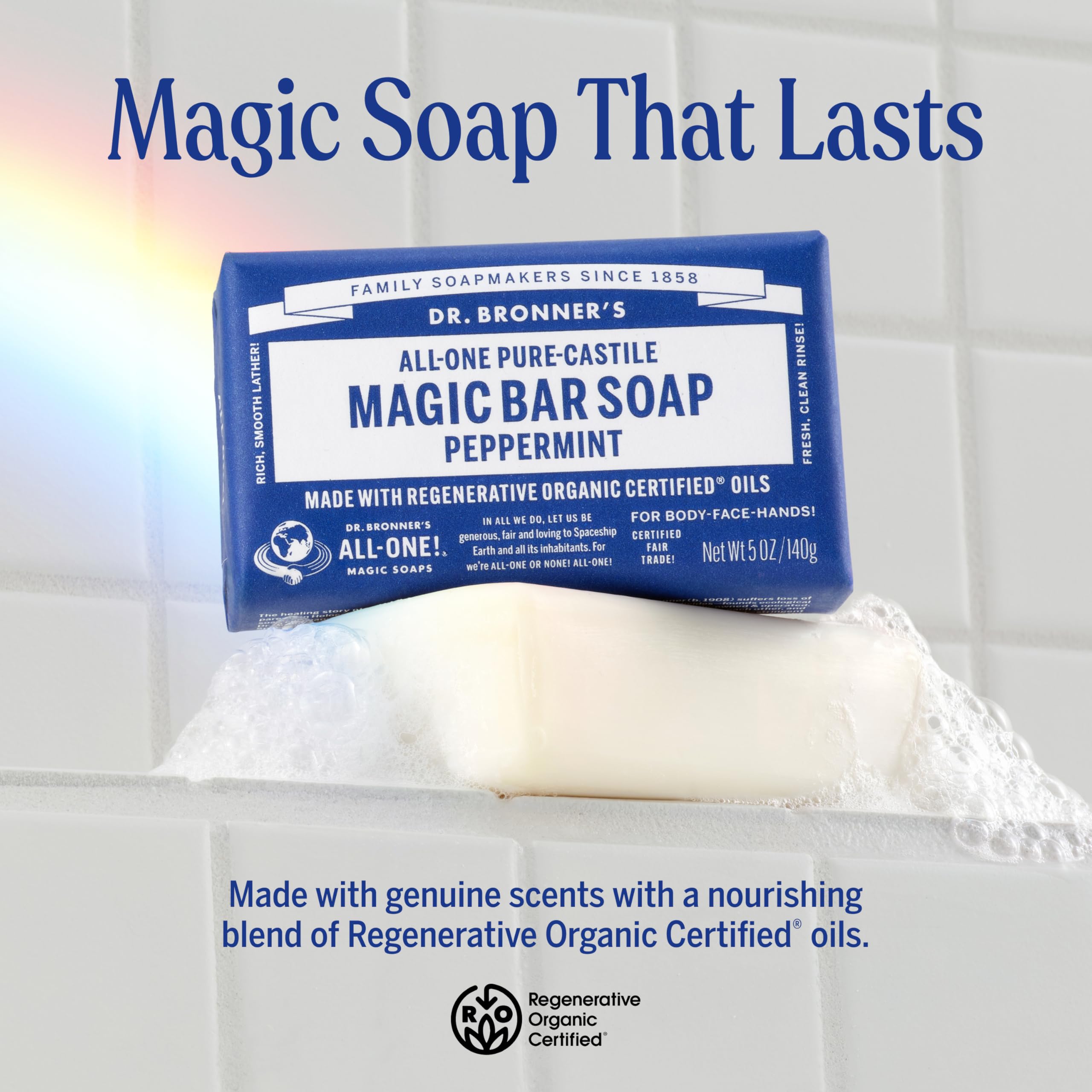 Dr. Bronner's peppermint soap bar for daily body wash with a refreshing, cooling sensation.