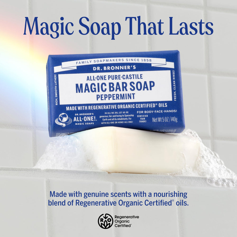 Dr. Bronner's peppermint soap bar for daily body wash with a refreshing, cooling sensation.