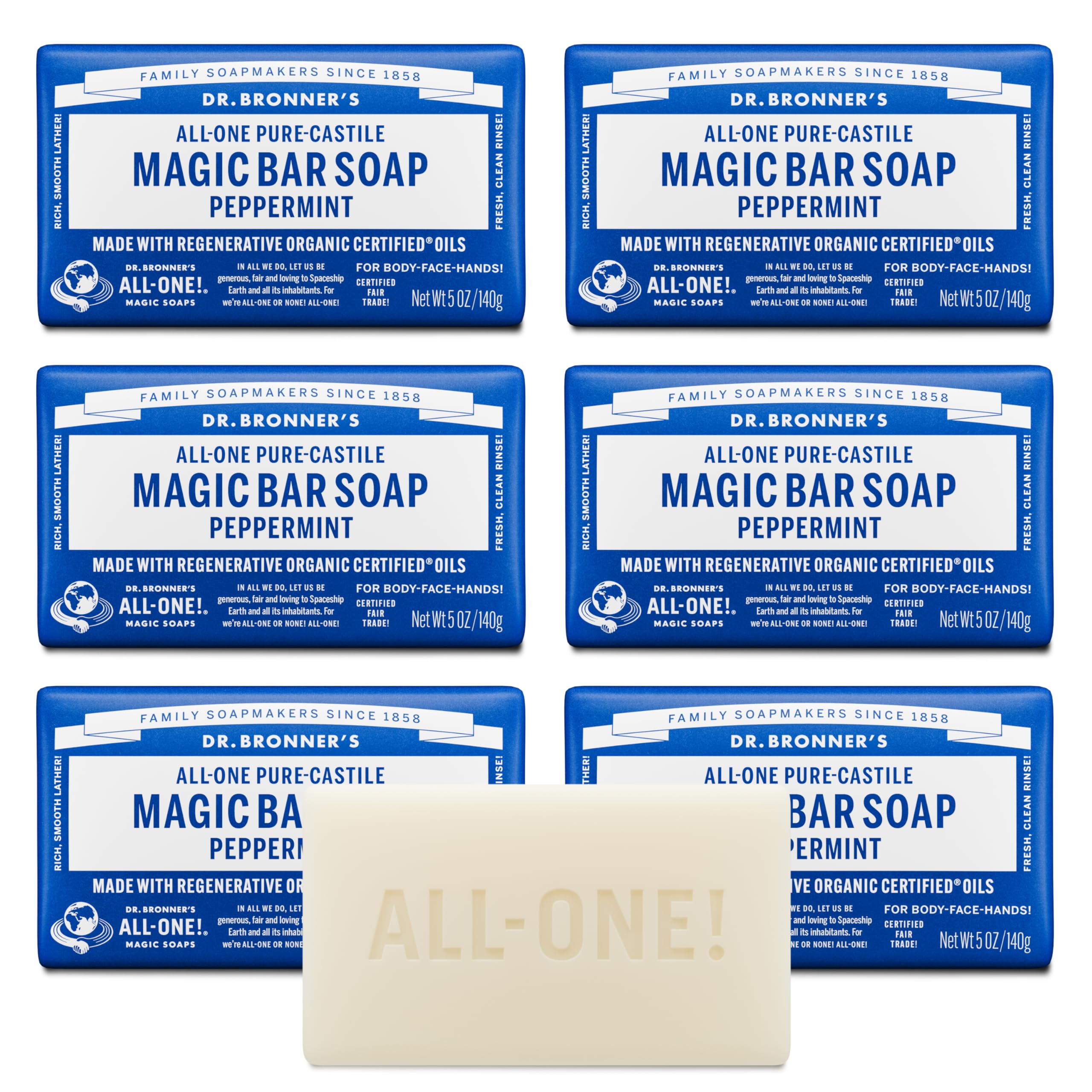 Dr. Bronner's Peppermint Pure-Castile soap bar provides rich lather for face and body cleansing.