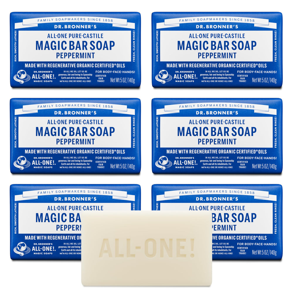 Dr. Bronner's Peppermint Pure-Castile soap bar provides rich lather for face and body cleansing.