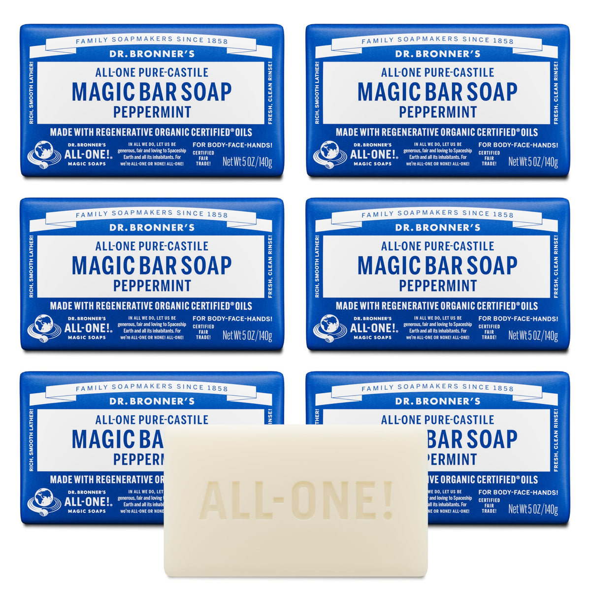Dr. Bronner's Peppermint Pure-Castile soap bar provides rich lather for face and body cleansing.