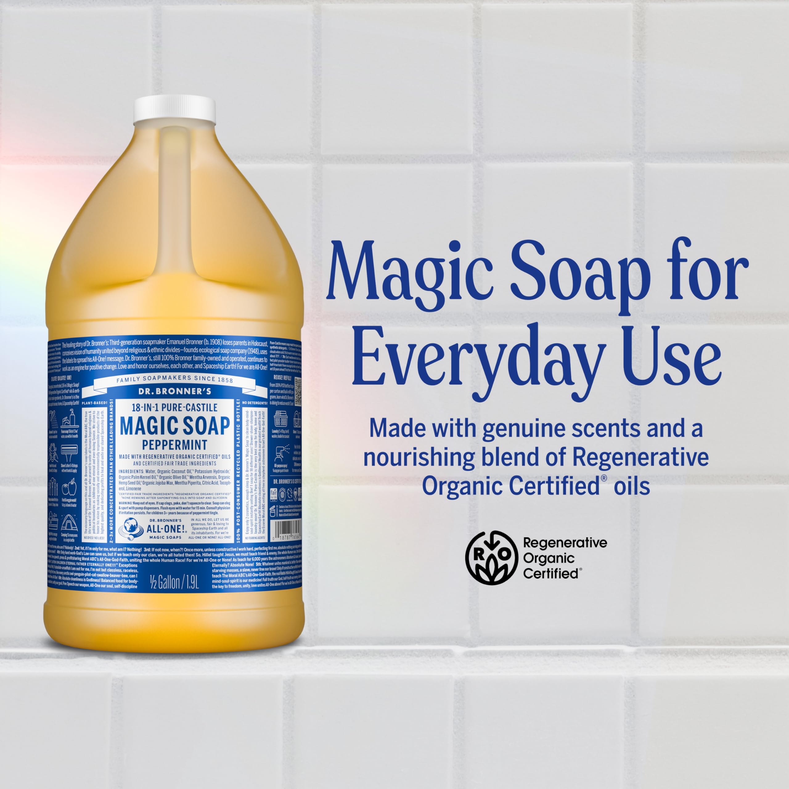 Dr Bronner's Peppermint bottle back showing ingredients and ethics