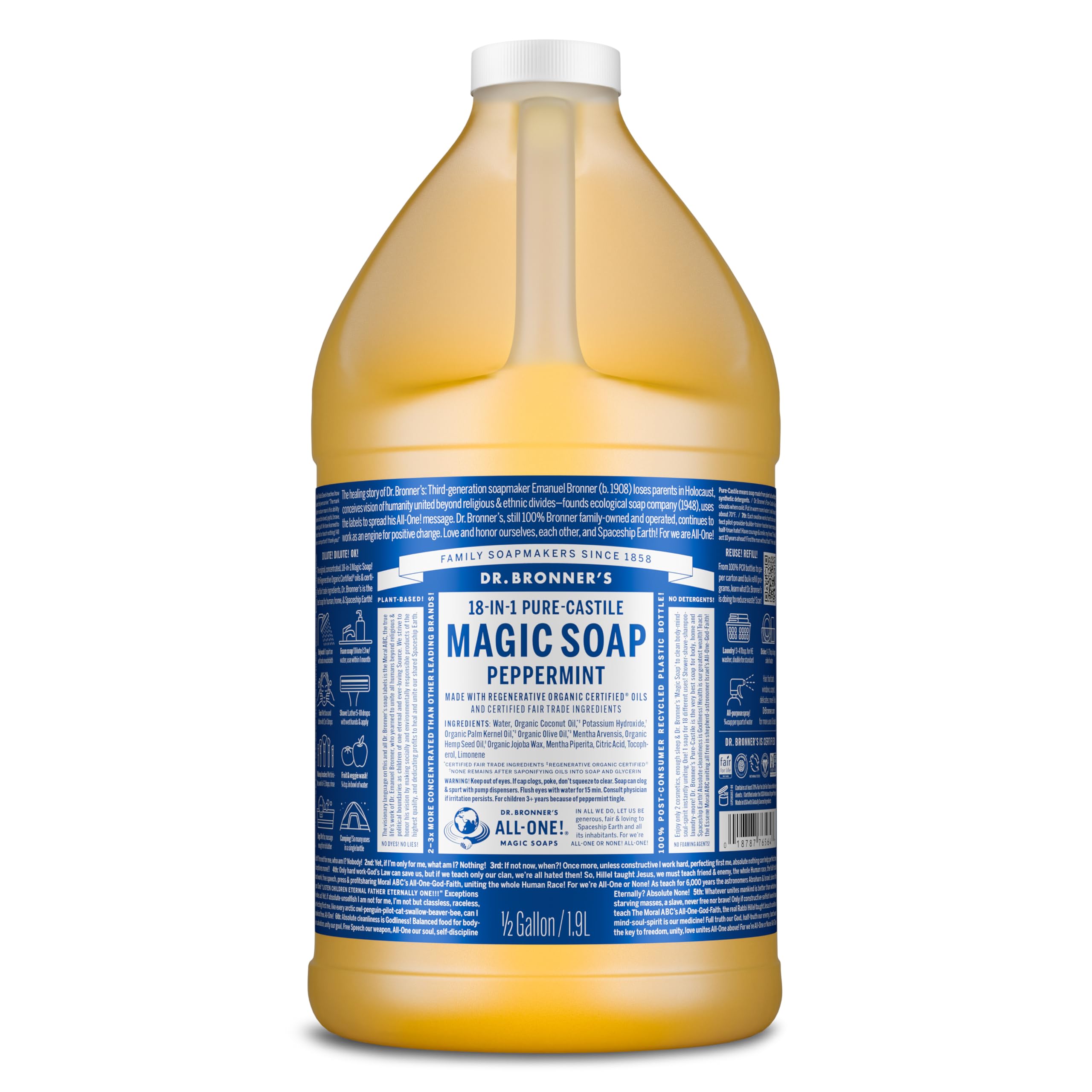 Dr Bronner's Pure-Castile Peppermint bottle front for versatile cleansing