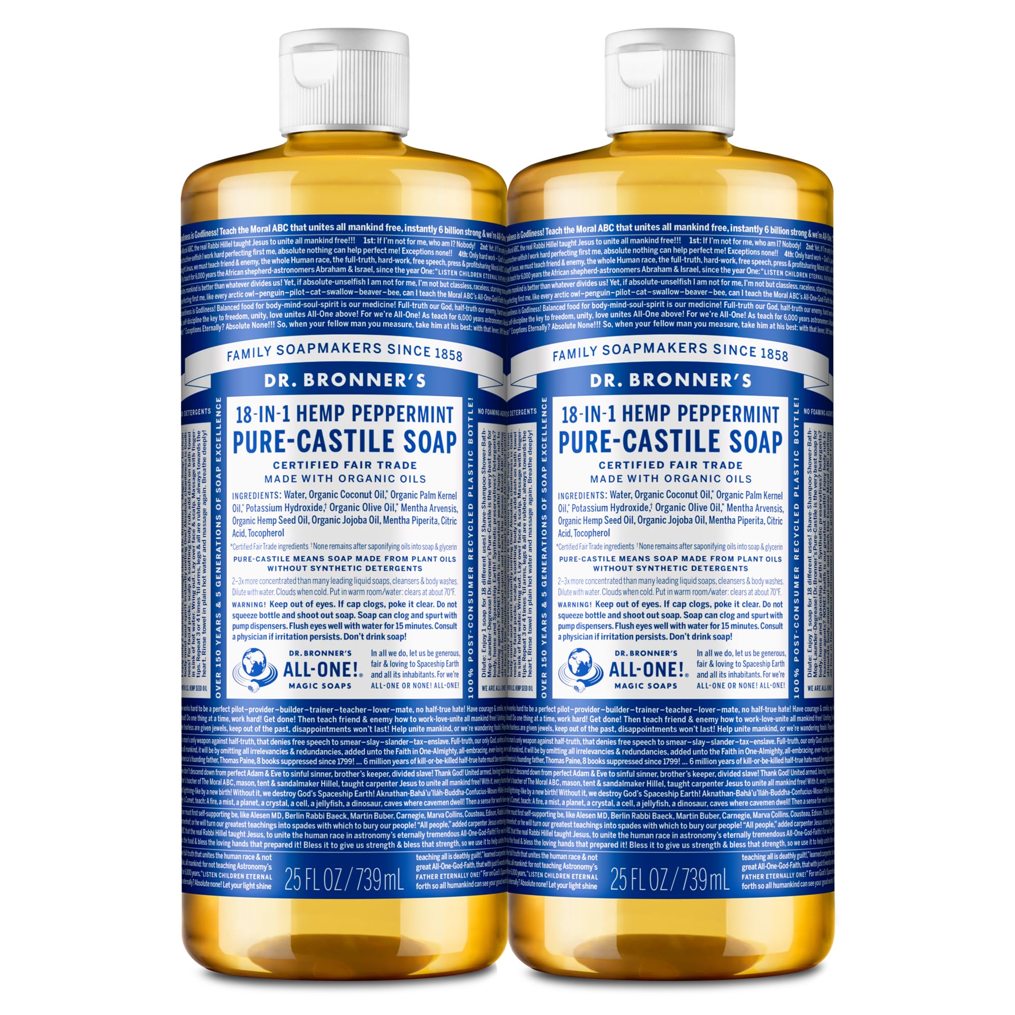 Dr. Bronner's Pure-Castile Peppermint bottle-front showing versatile cleaning for face, body, and dishes.