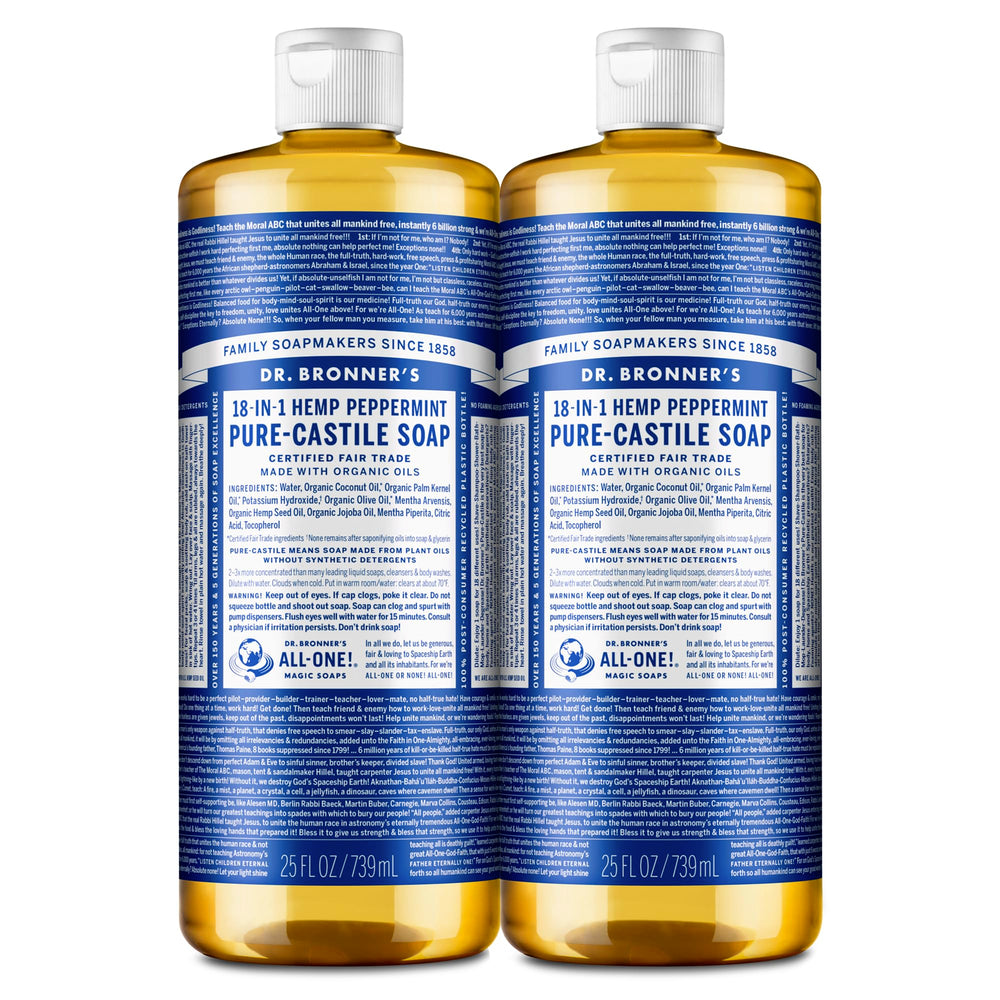 Dr. Bronner's Pure-Castile Peppermint bottle-front showing versatile cleaning for face, body, and dishes.