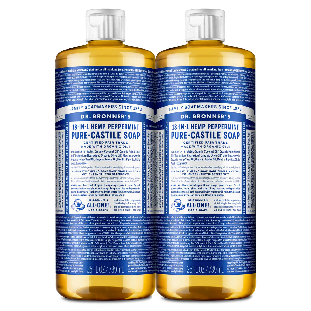 Dr. Bronner's Pure-Castile Peppermint bottle-front showing versatile cleaning for face, body, and dishes.