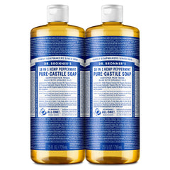 Dr. Bronner's Pure-Castile Peppermint bottle-front showing versatile cleaning for face, body, and dishes.