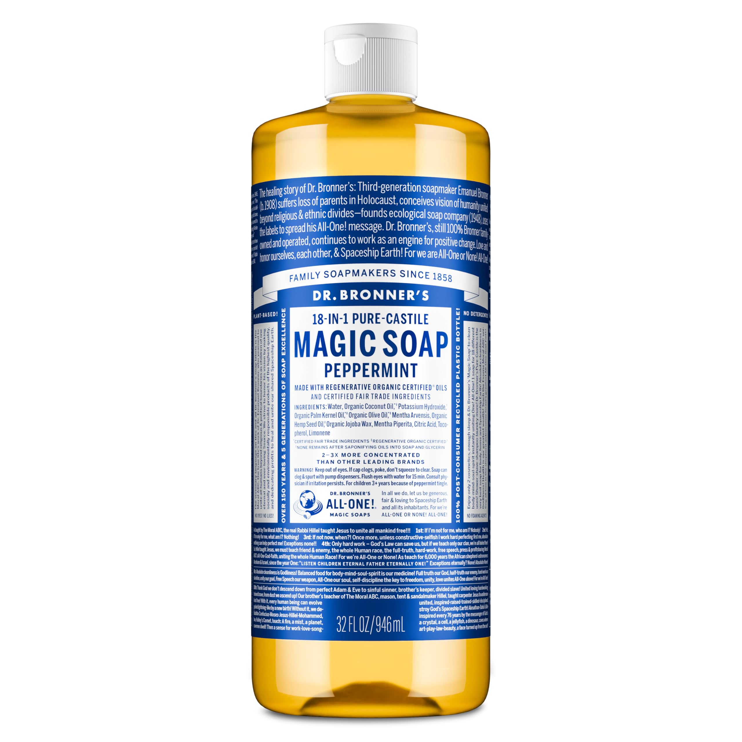 Dr. Bronner's Peppermint bottle pour demonstrates versatile cleaning uses.