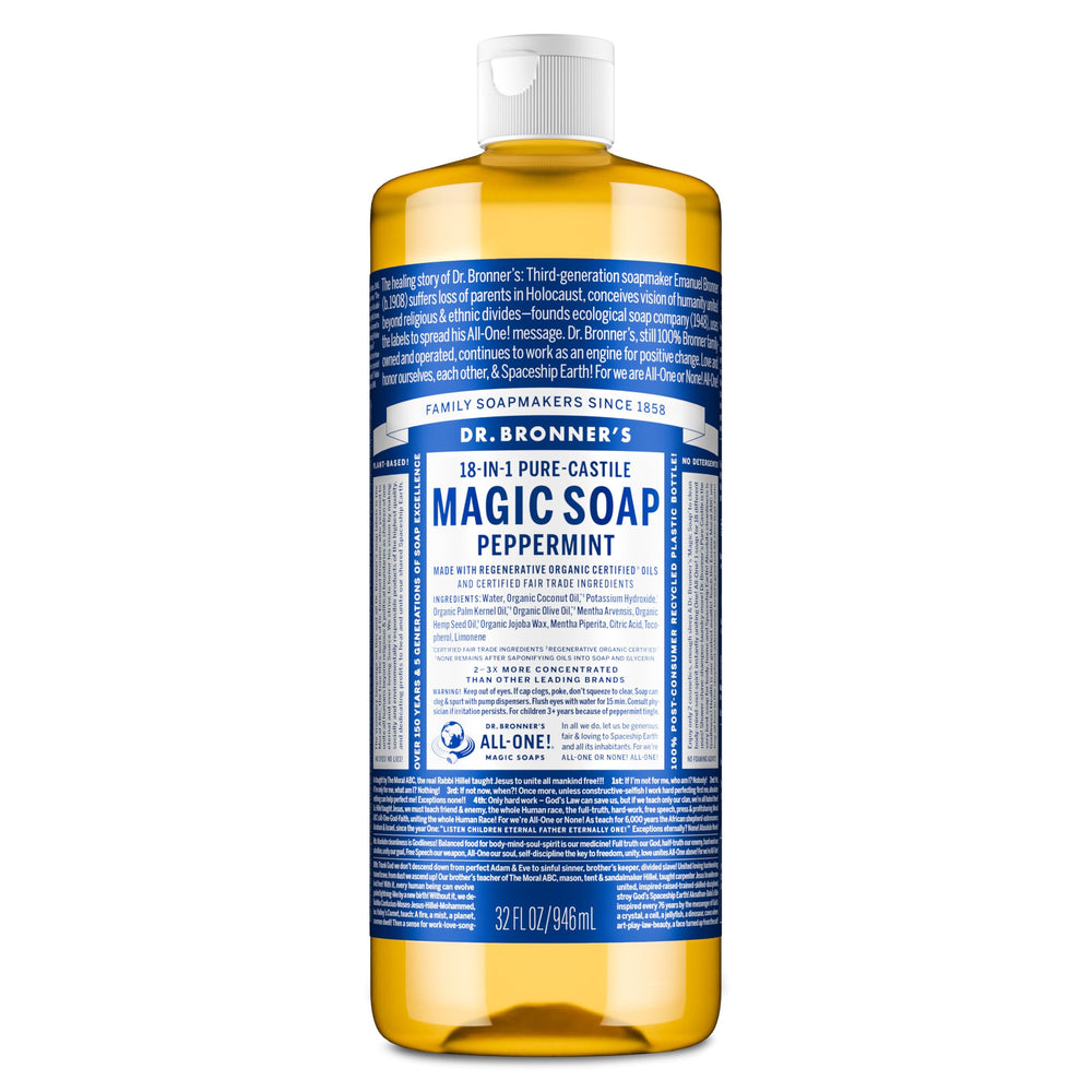 Dr. Bronner's Peppermint bottle pour demonstrates versatile cleaning uses.
