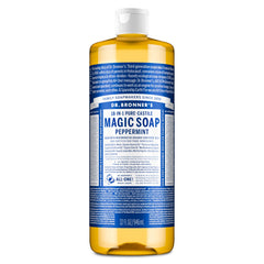 Dr. Bronner's Peppermint bottle pour demonstrates versatile cleaning uses.