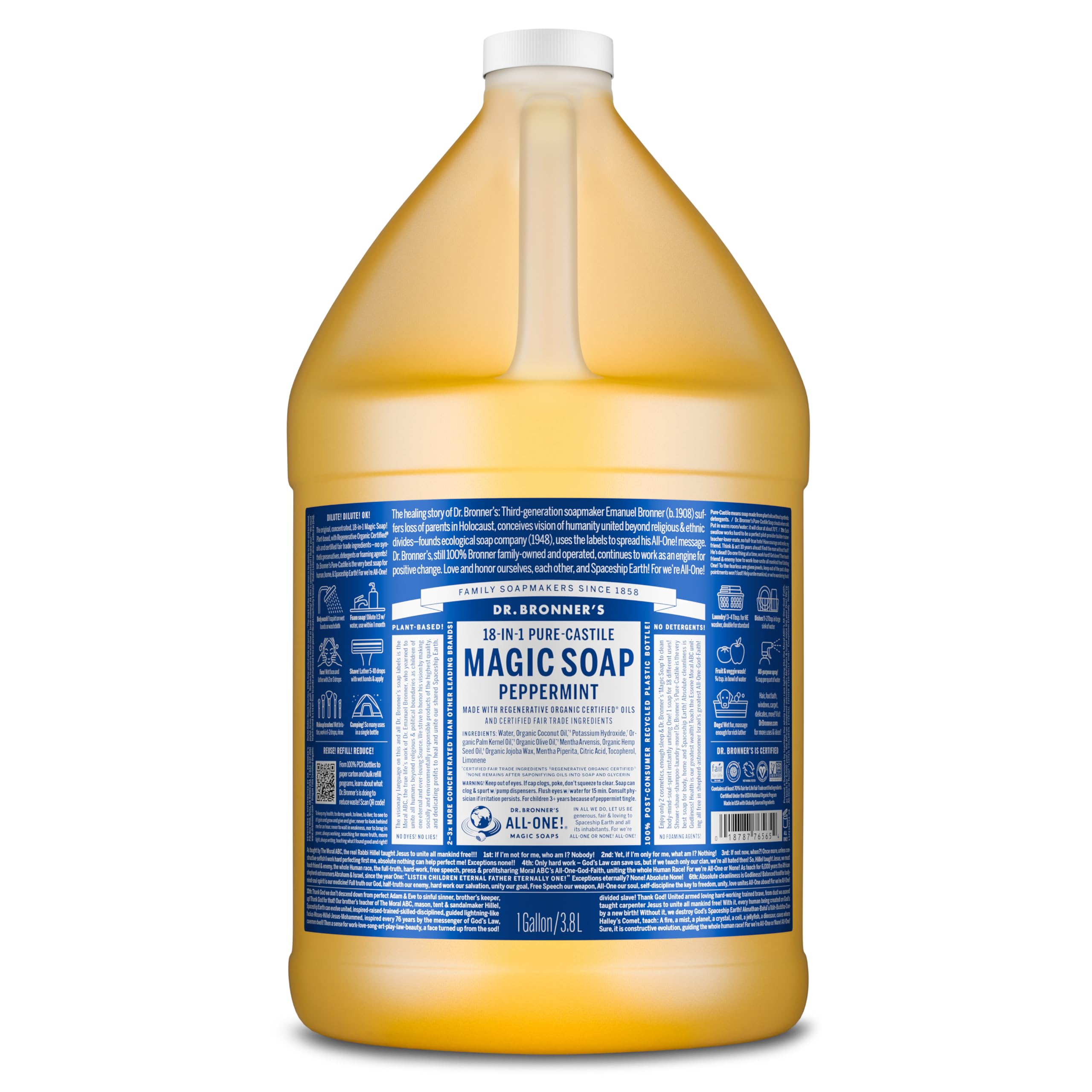 Dr. Bronner's peppermint bottle shows rich lather for refreshing body wash.