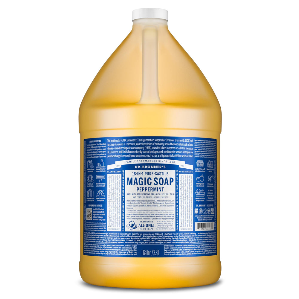 Dr. Bronner's peppermint bottle shows rich lather for refreshing body wash.
