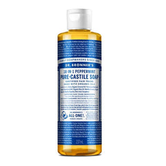 Dr. Bronner's Peppermint Pure-Castile Soap bottle with refreshing mint lather for skin, hair, and everyday cleaning