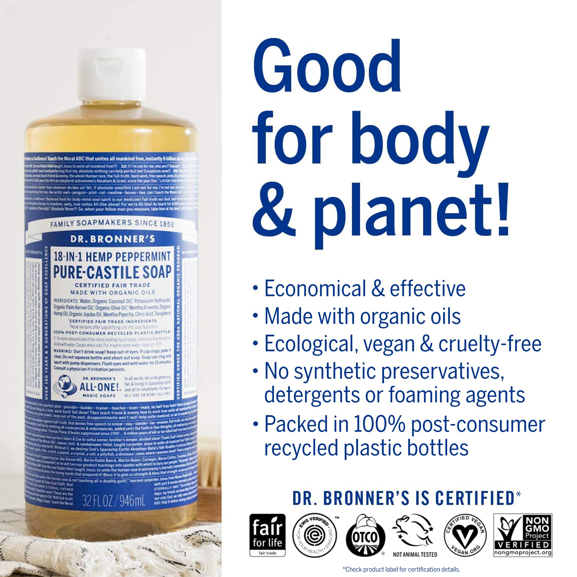 Dr. Bronner's Peppermint Castile soap bubbles close-up highlighting concentrated formula for multiple uses.