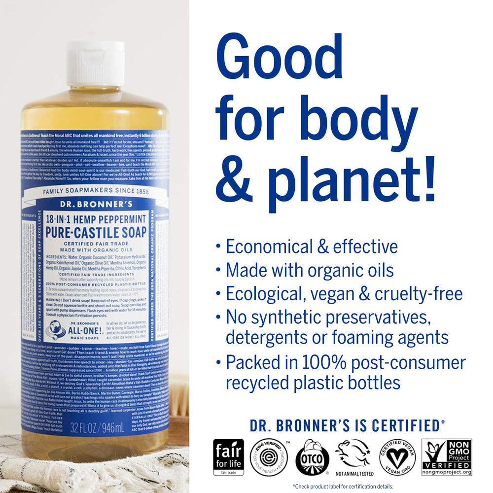 Dr. Bronner's Peppermint Castile soap bubbles close-up highlighting concentrated formula for multiple uses.
